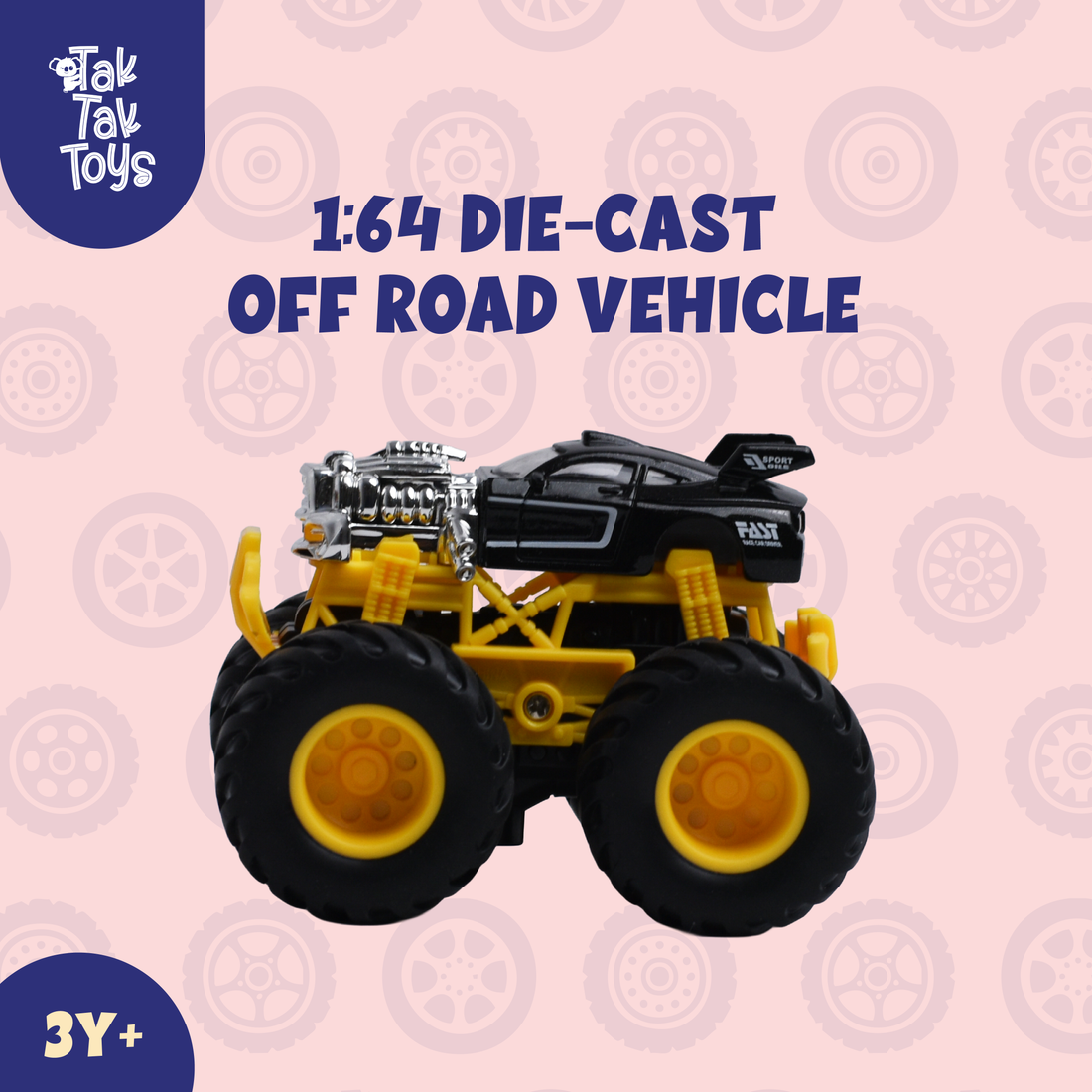 1:64 Die-Cast Off Road Monster Car With Metal Body | Black/Silver/Yellow