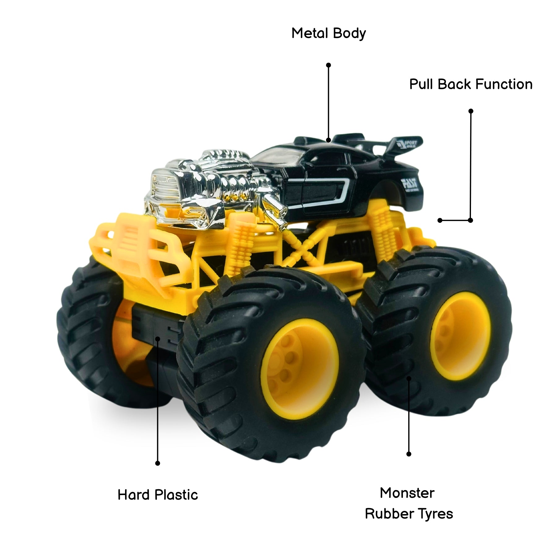 1:64 Die Cast Off Road Monster Car With Metal Body | Black/Silver/Yellow