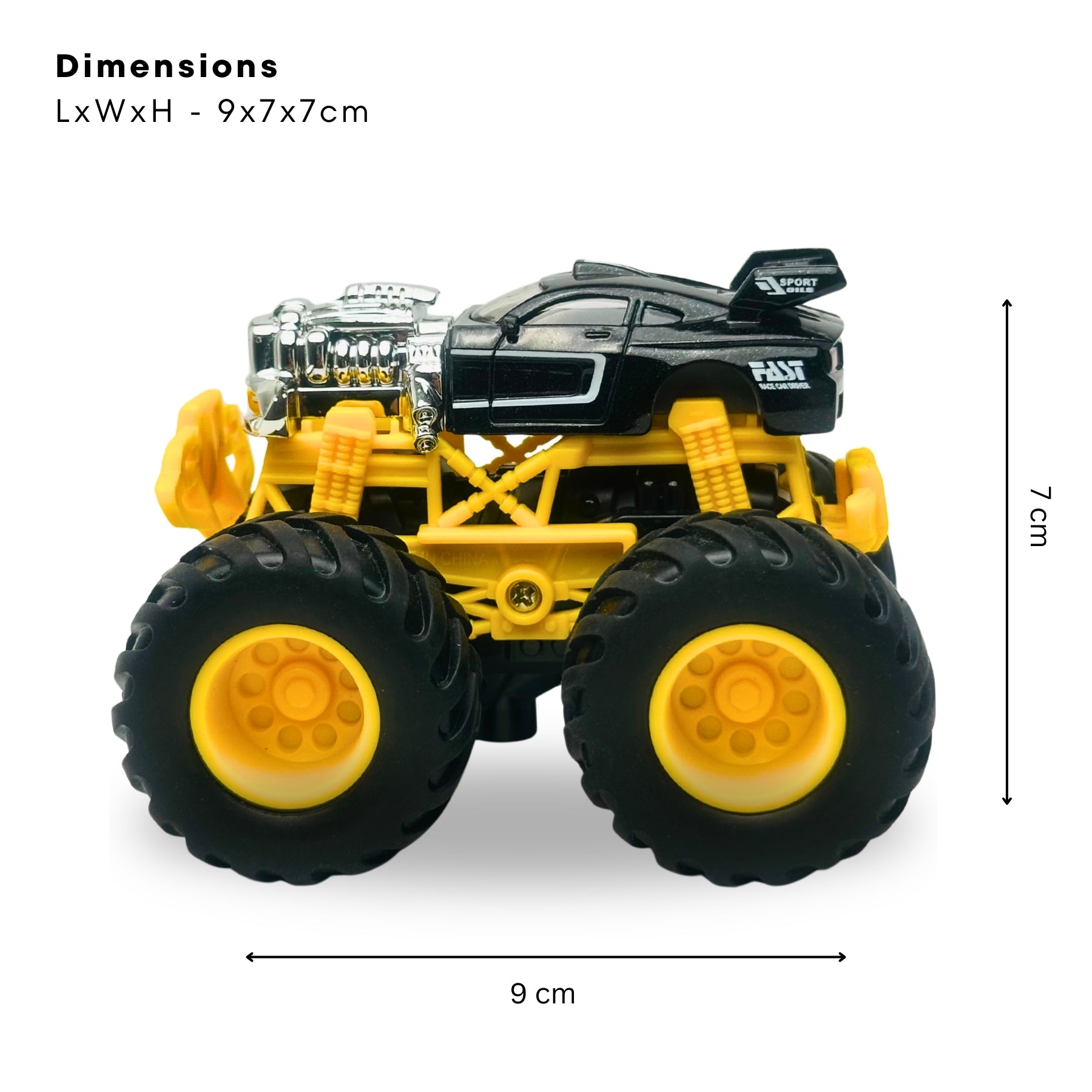 1:64 Die Cast Off Road Monster Car With Metal Body | Black/Silver/Yellow