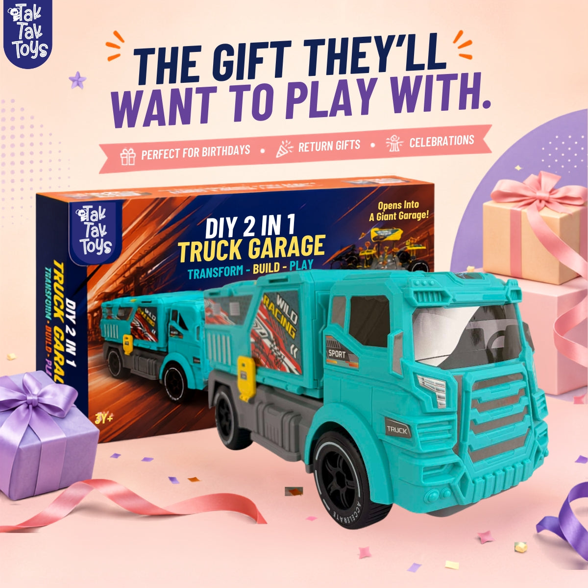 2 in 1 Truck Garage Playset, Ages 3+ Years