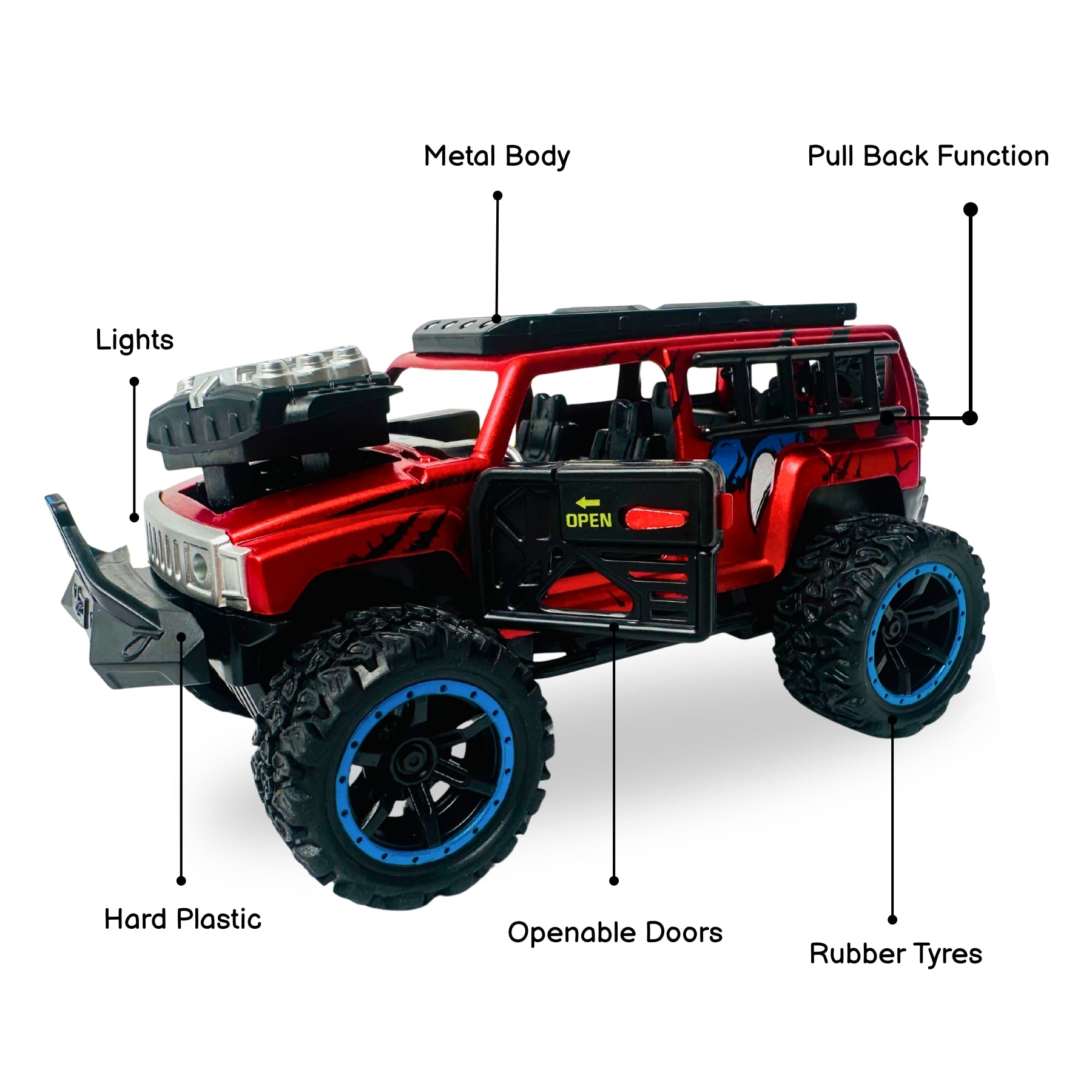 1:32 Die Cast Off Road Monster Car With Metal Body - 4 Seater | Red