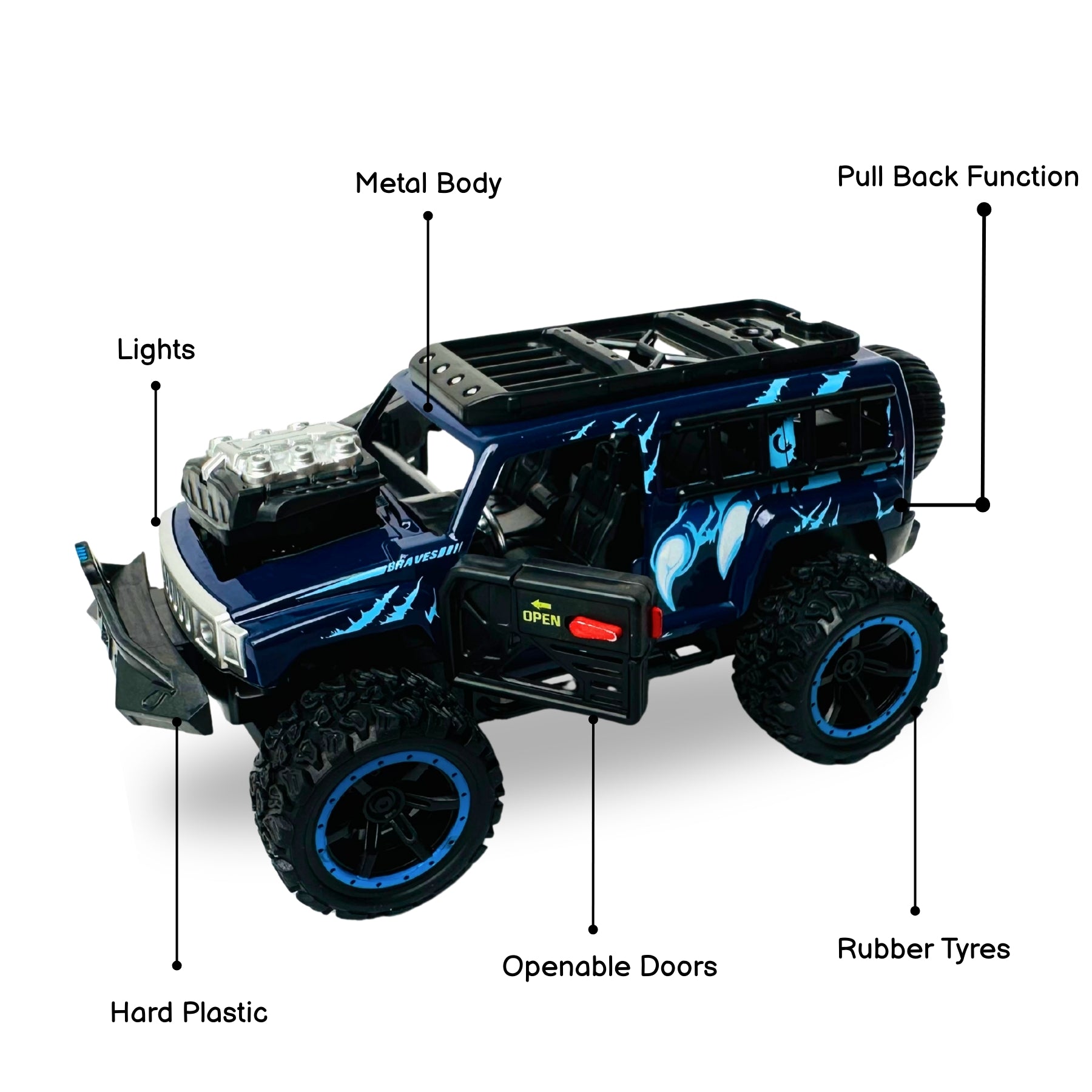 1:32 Die Cast Off Road Monster Car With Metal Body - 4 Seater | Blue