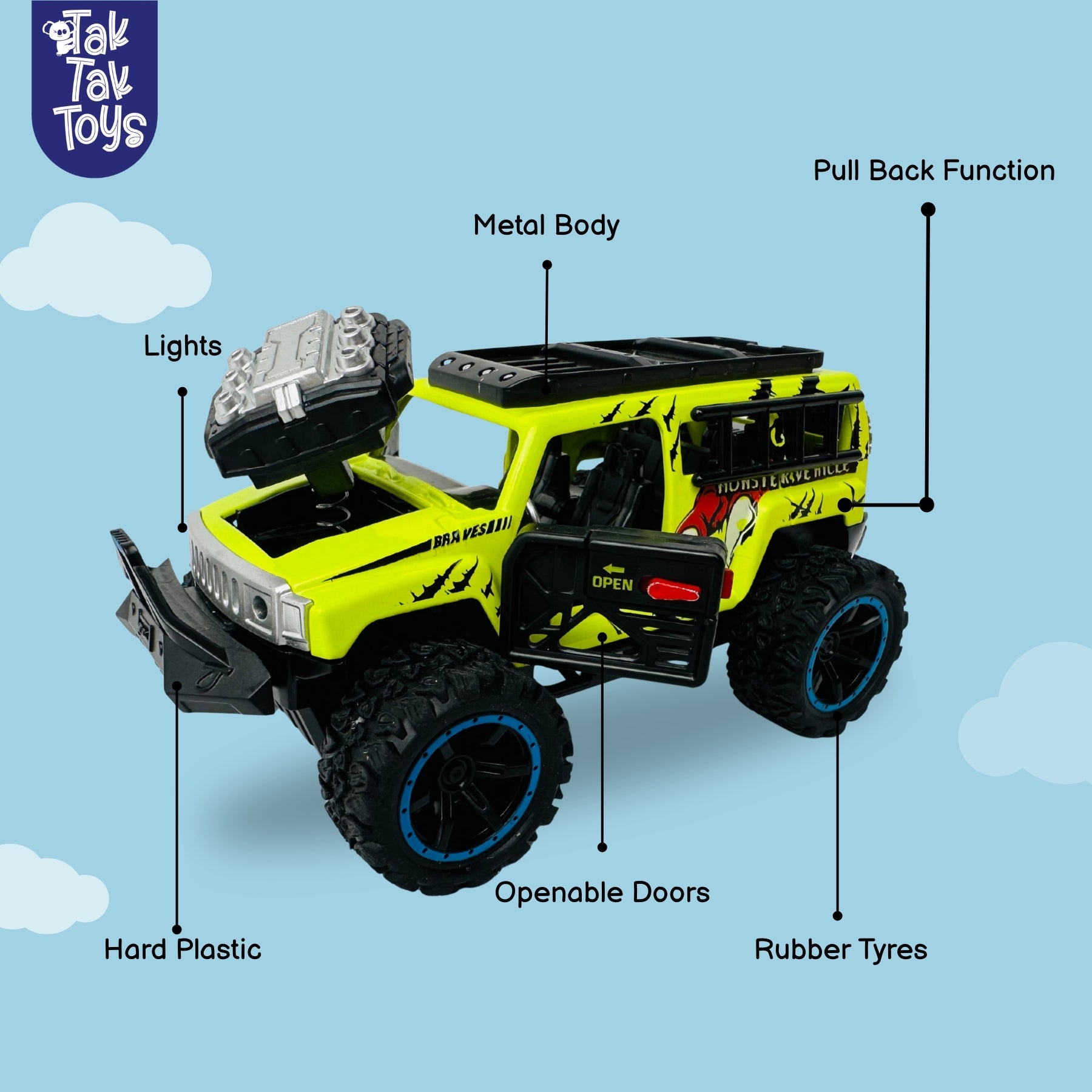 1:32 Die-Cast Off Road Monster Car With Metal Body - 4 Seater | Green
