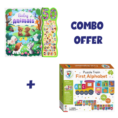 Combo Offer: 50 Animal Sounds Book + Building Blocks Train Puzzle - First Alphabet