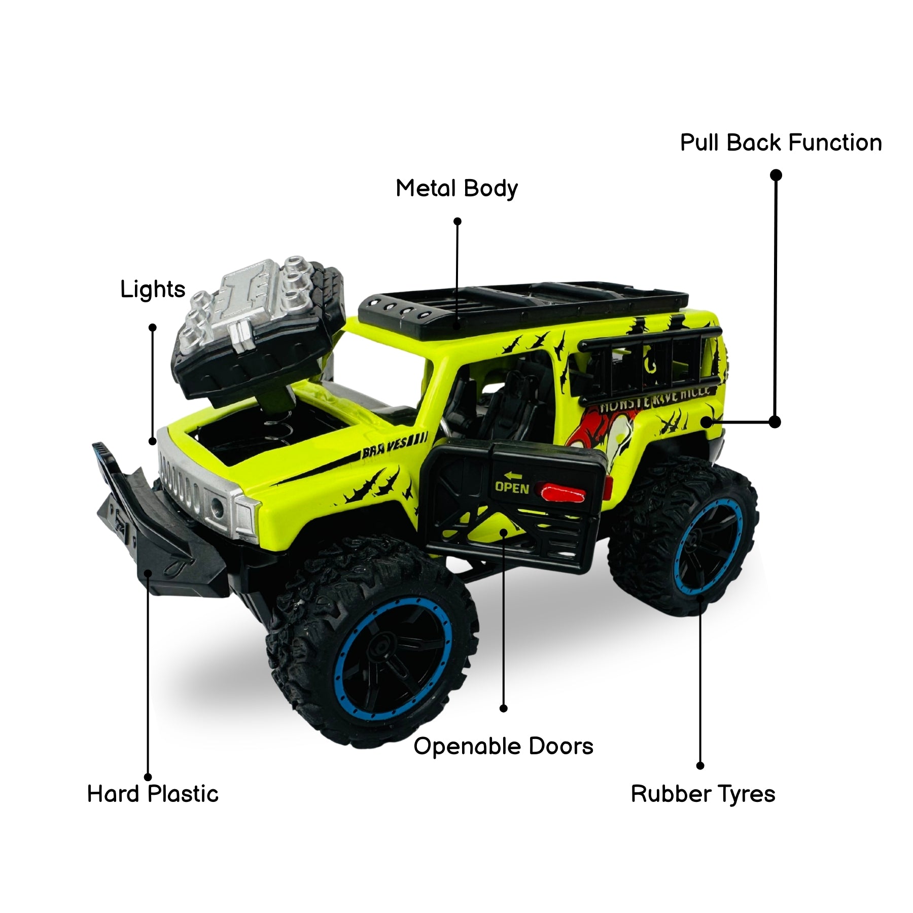 1:32 Die Cast Off Road Monster Car With Metal Body - 4 Seater | Green