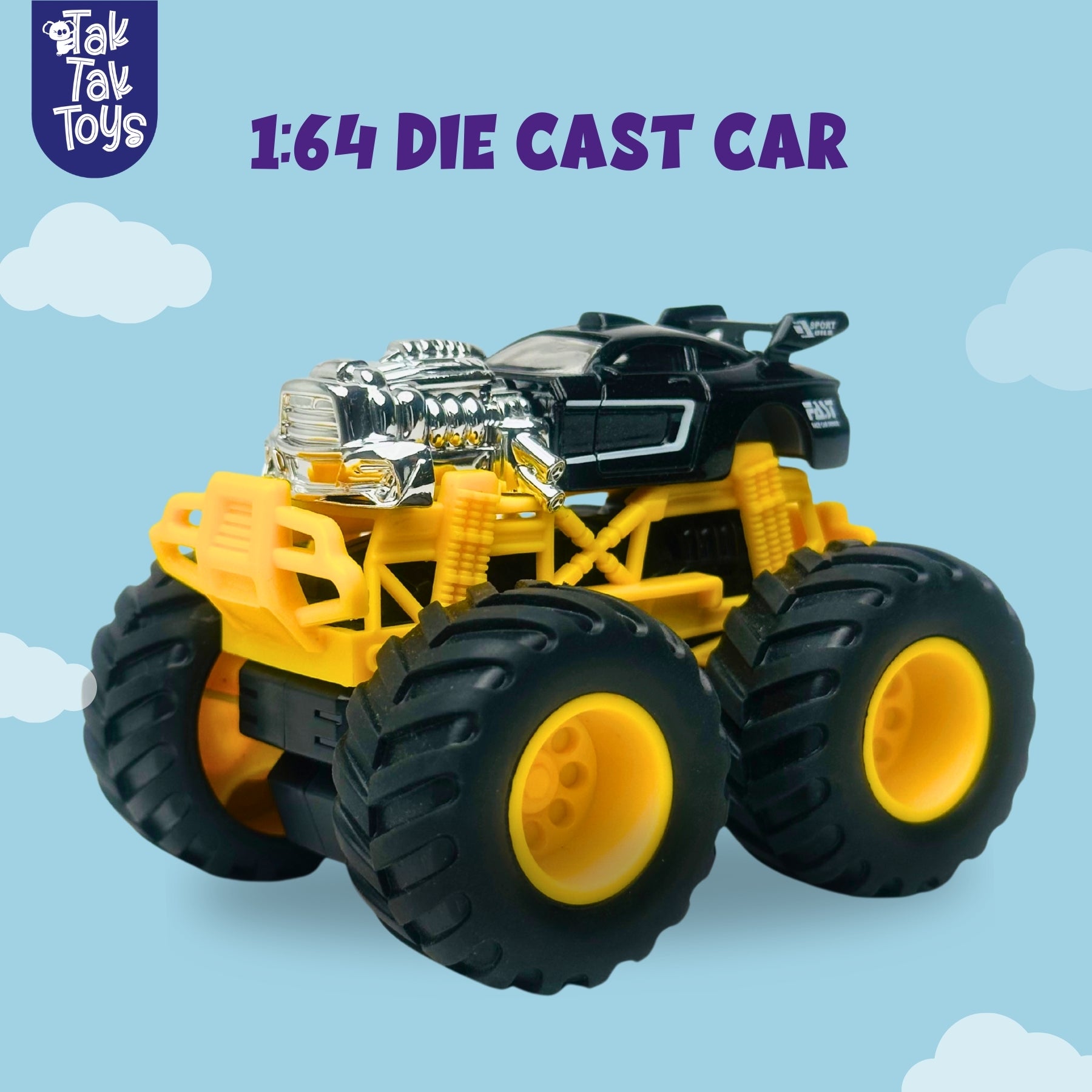 1:64 Die-Cast Off Road Monster Car With Metal Body | Black/Silver/Yellow